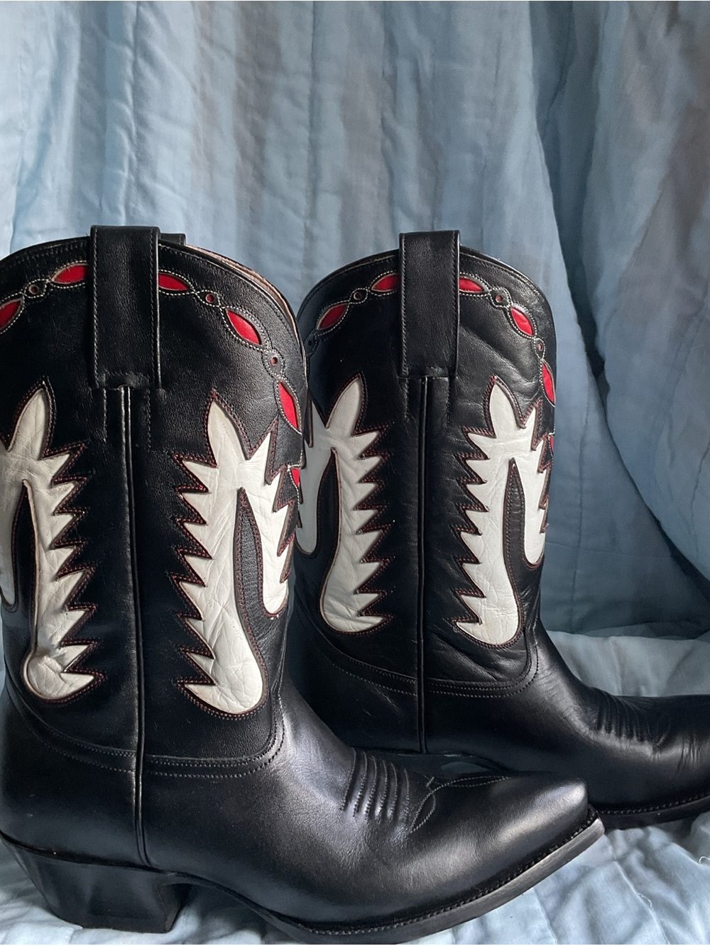 Rancho Loco Leather Black Western Boots,Red & White Accent 10.5x3.5inches  8 Men - Picture 2 of 7
